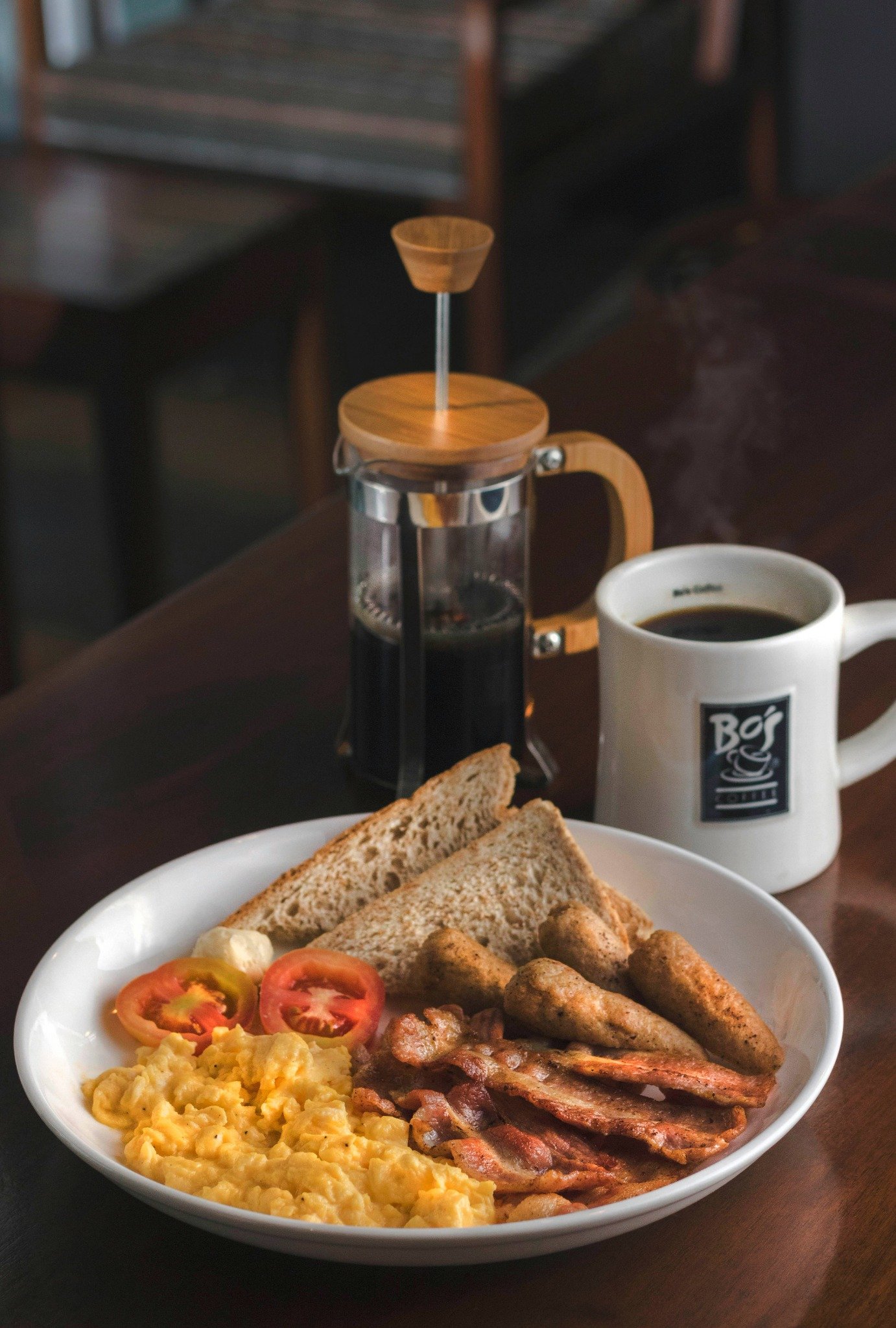 Breakfast plate and coffee